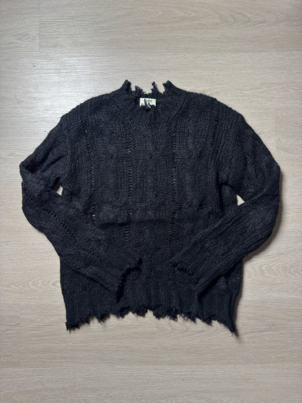 Acne Black Distressed Cable Knit Crewneck Sweater - Picture 1 of 5